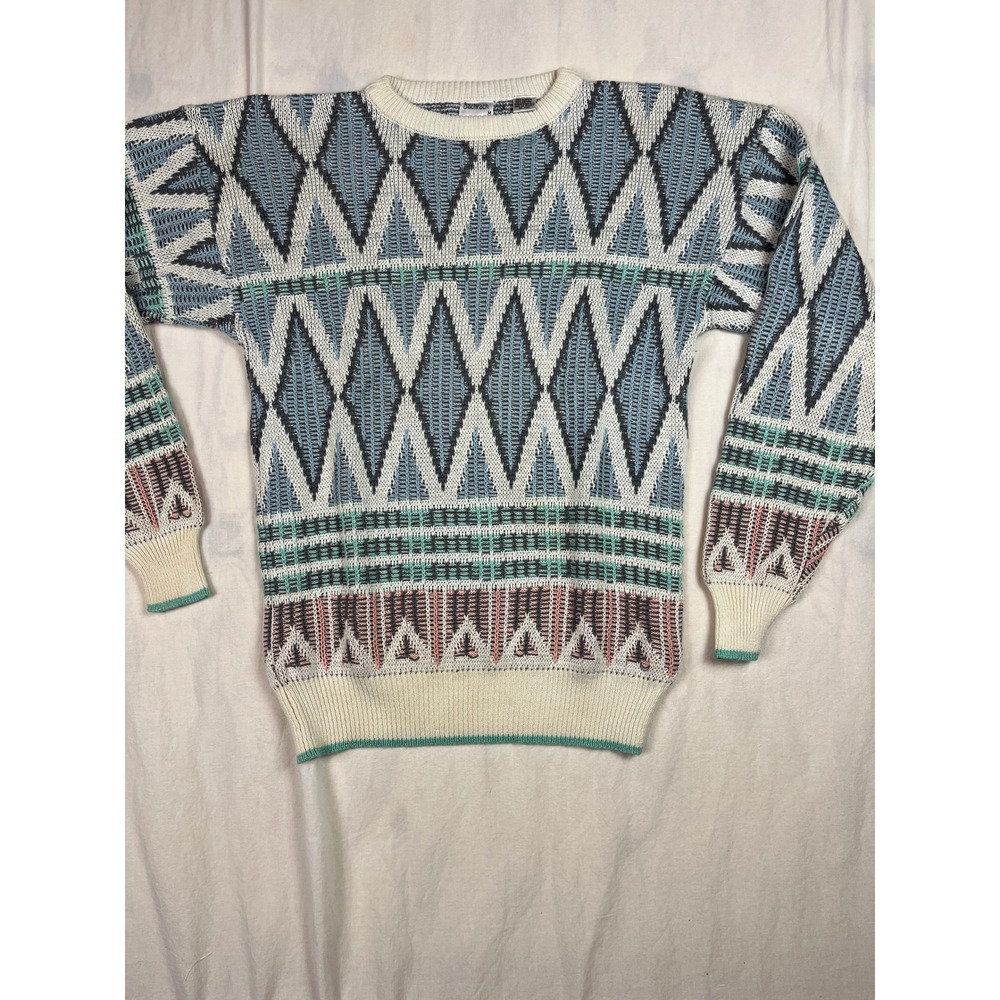 Bachrach Vintage Mens Geometric‎ Knit Sweater Blue White Diamond Pattern Medium